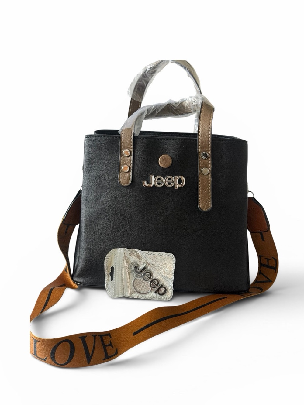 Jeep Black Crossbody Bag with Tan Accent Strap